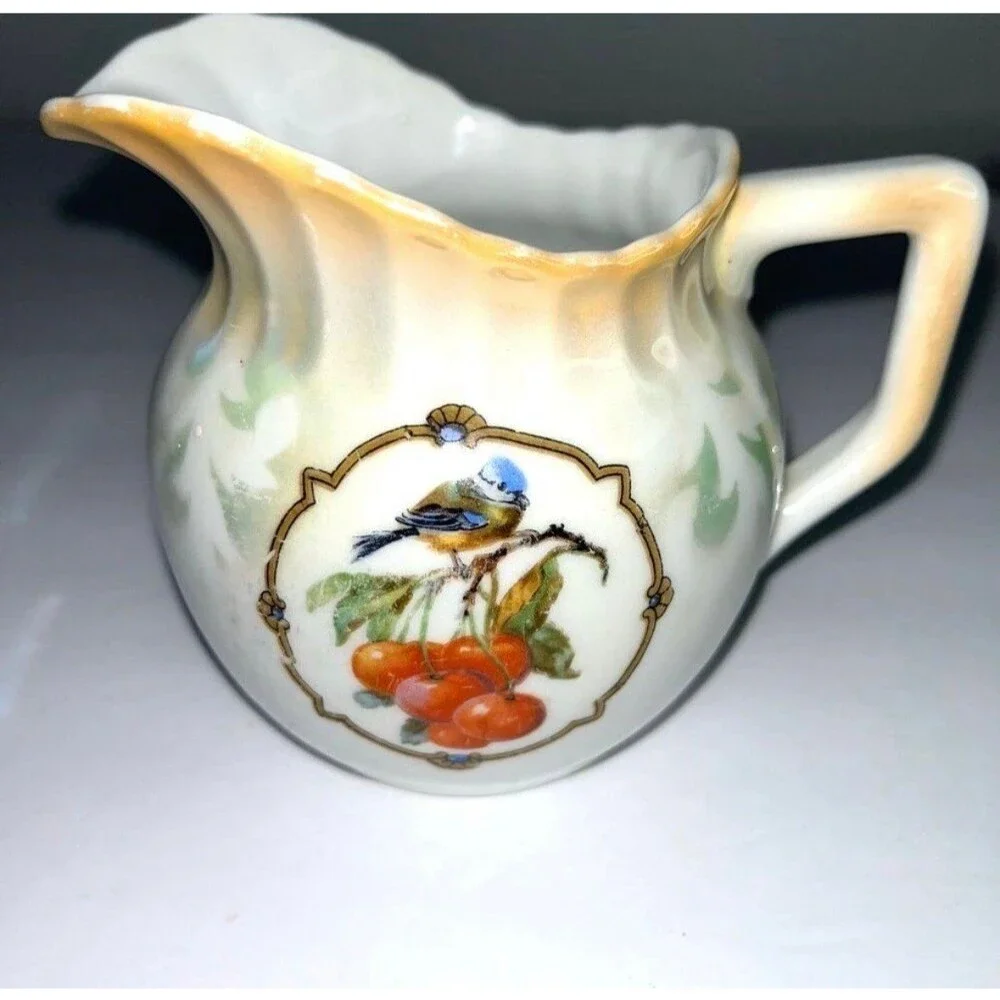 Vintage Celebrate Porcelain Creamer Pitcher Hand Painted Blue Bird Fruit Gold
